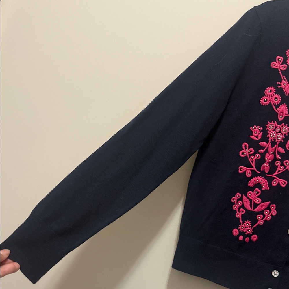 J. Crew Dark Blue Cardigan with Vibrant Pink Detailing - Picture 5 of 9